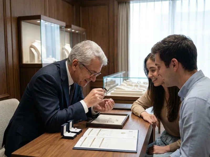 Diamond specialist guiding a couple as they compare a loose diamond