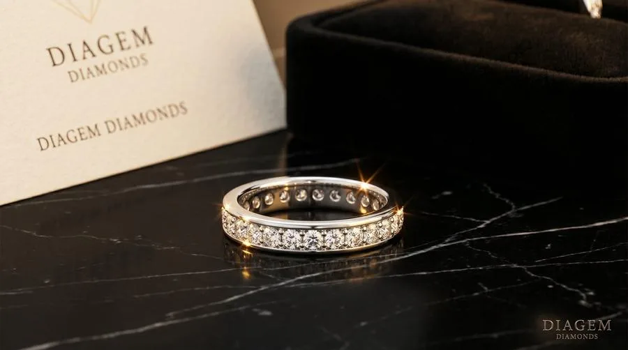 A diamond eternity ring with certified diamonds set all the way around the band