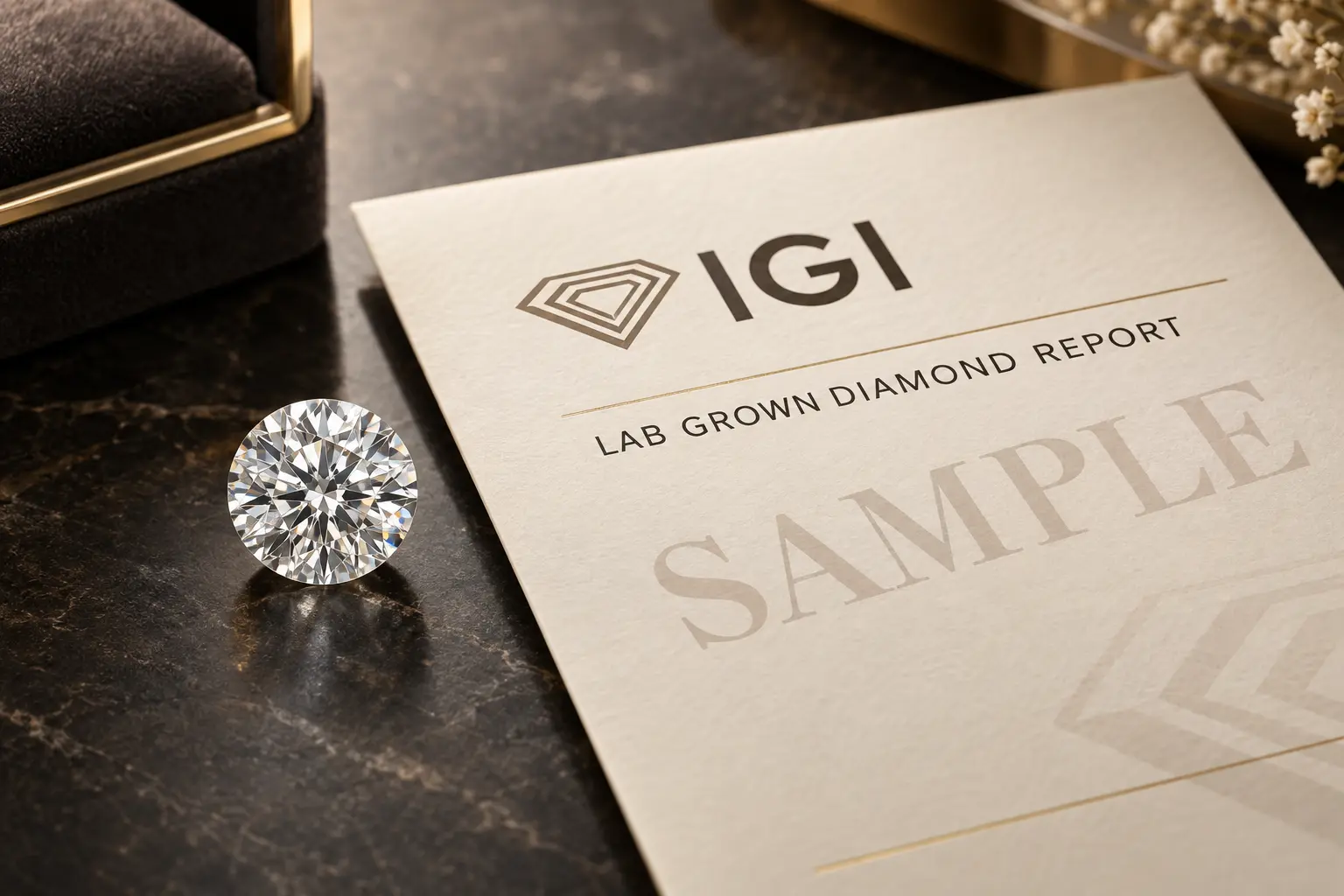 Illustrative sample IGI lab-grown diamond report beside a loose diamond