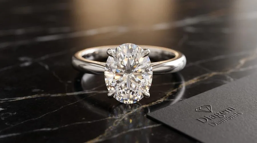 A stunning oval diamond engagement ring with elongated shape on dark velvet